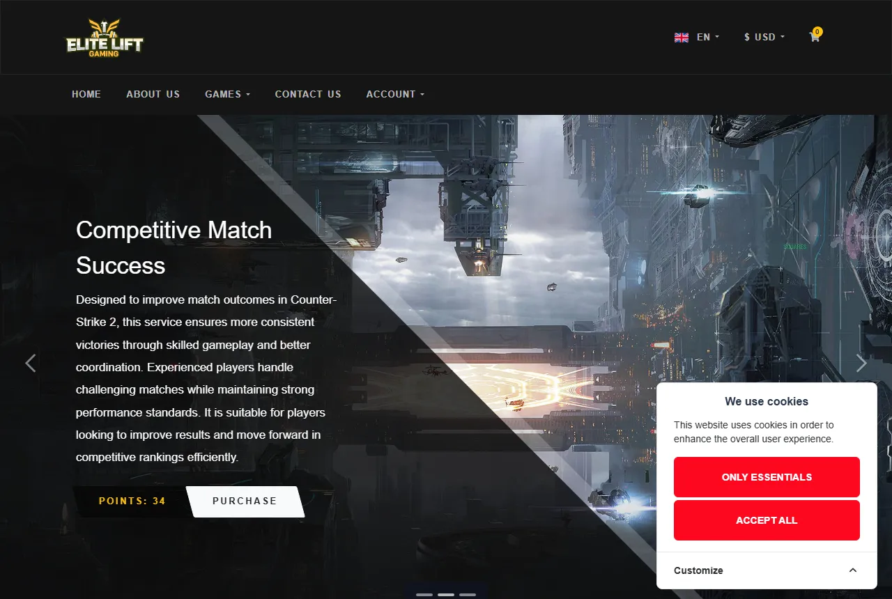 Screenshot of the Elite Lift Gaming website